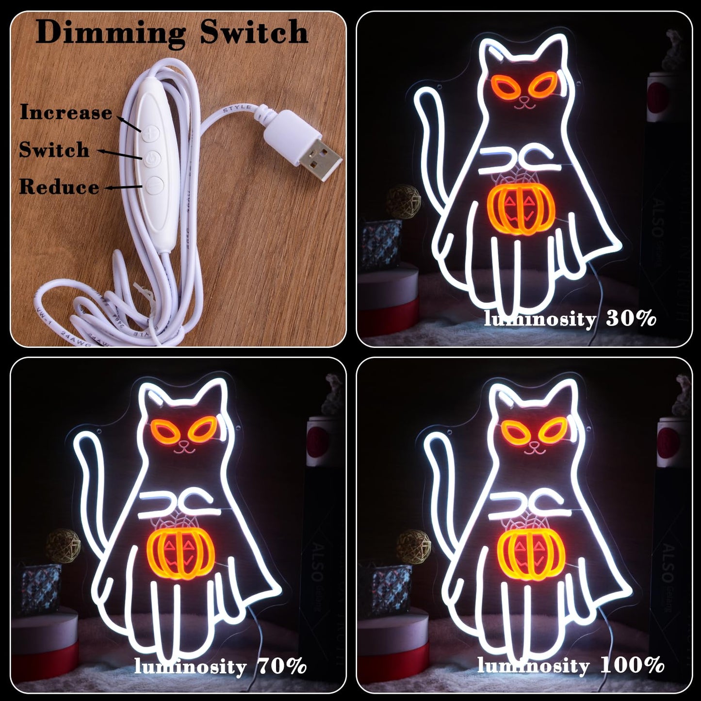 Wutrnjd Neon Light Sign - Cat Holding Jack-o-lantern, Acrylic, Halloween Decor, Trick-or-Treat, White Cat with Pumpkin