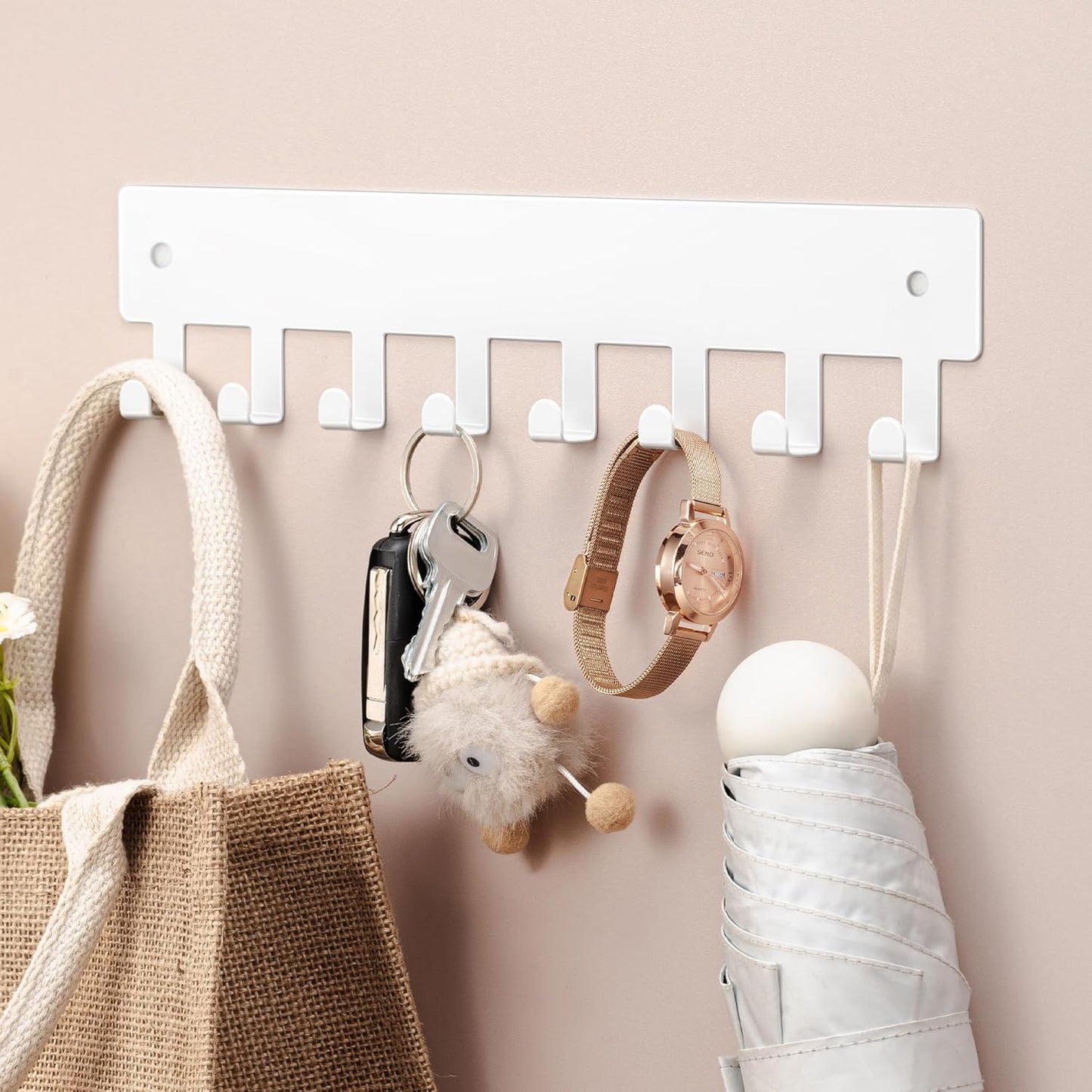 pickpiff 1 Pack Key Holder for Wall Adhesive, Key Hooks with 8 Hooks Wall Mounted, Key Hangers for Decor No Drill for Living Room, Kitchen, Office, White