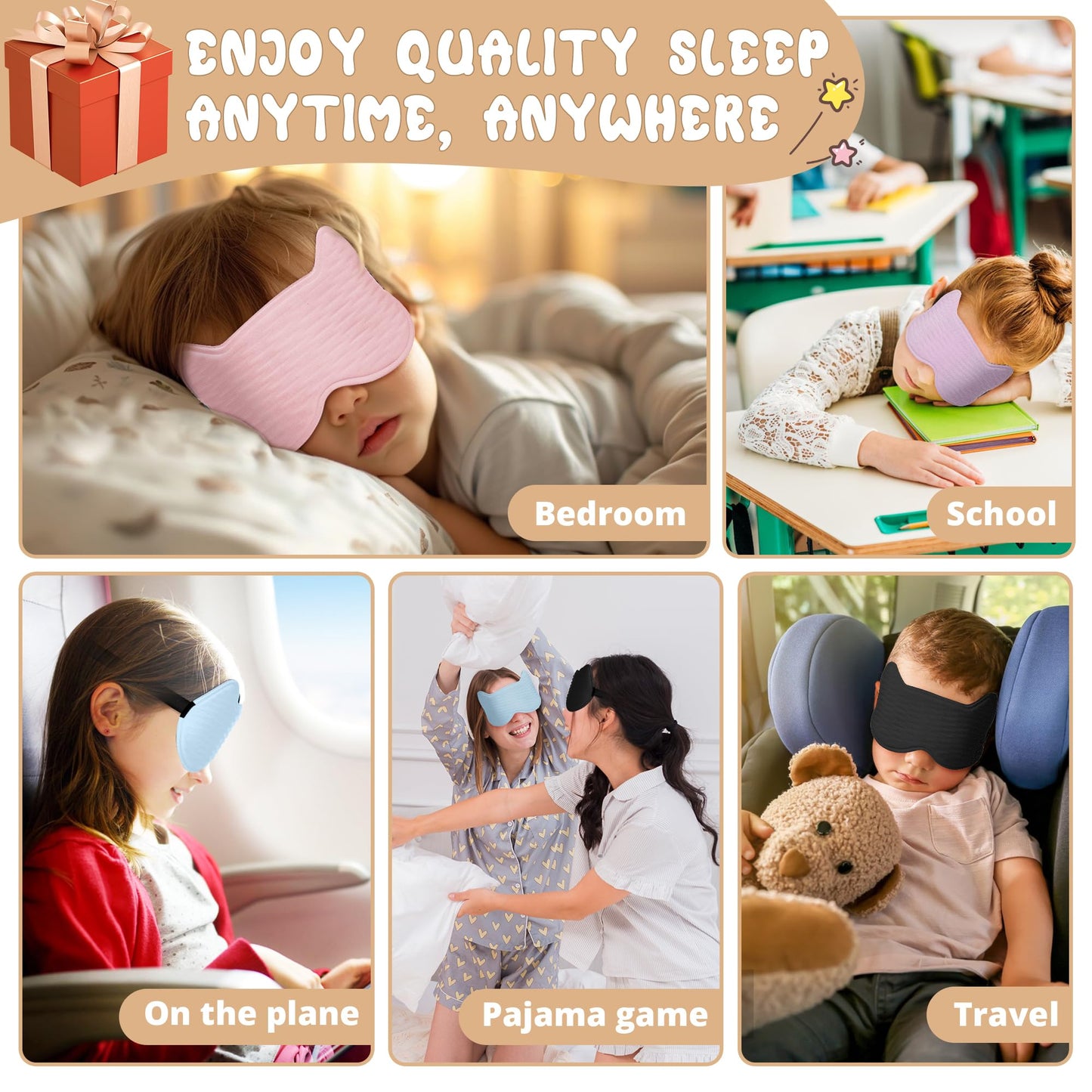 Kids Sleep Mask Eye Mask: 3D Contoured Cup Sleeping Masks, Blindfold with Adjustable Strap, Kids Eye Cover for Boys, Girls, Teens, Pressure-Free with Memory Foam Face Mask for Sleeping (Black)