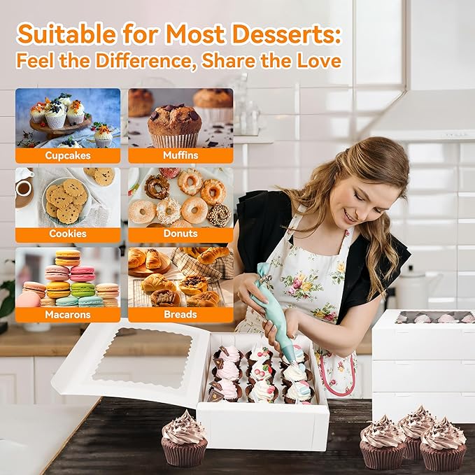 10-Set Cupcake Boxes Bulk with Clear Display Window Hold 12 Standard Cupcakes, Disposable Food Grade White Cupcake Carrier Cupcake Container, Perfect for Cupcakes Muffins Cookies Pastries