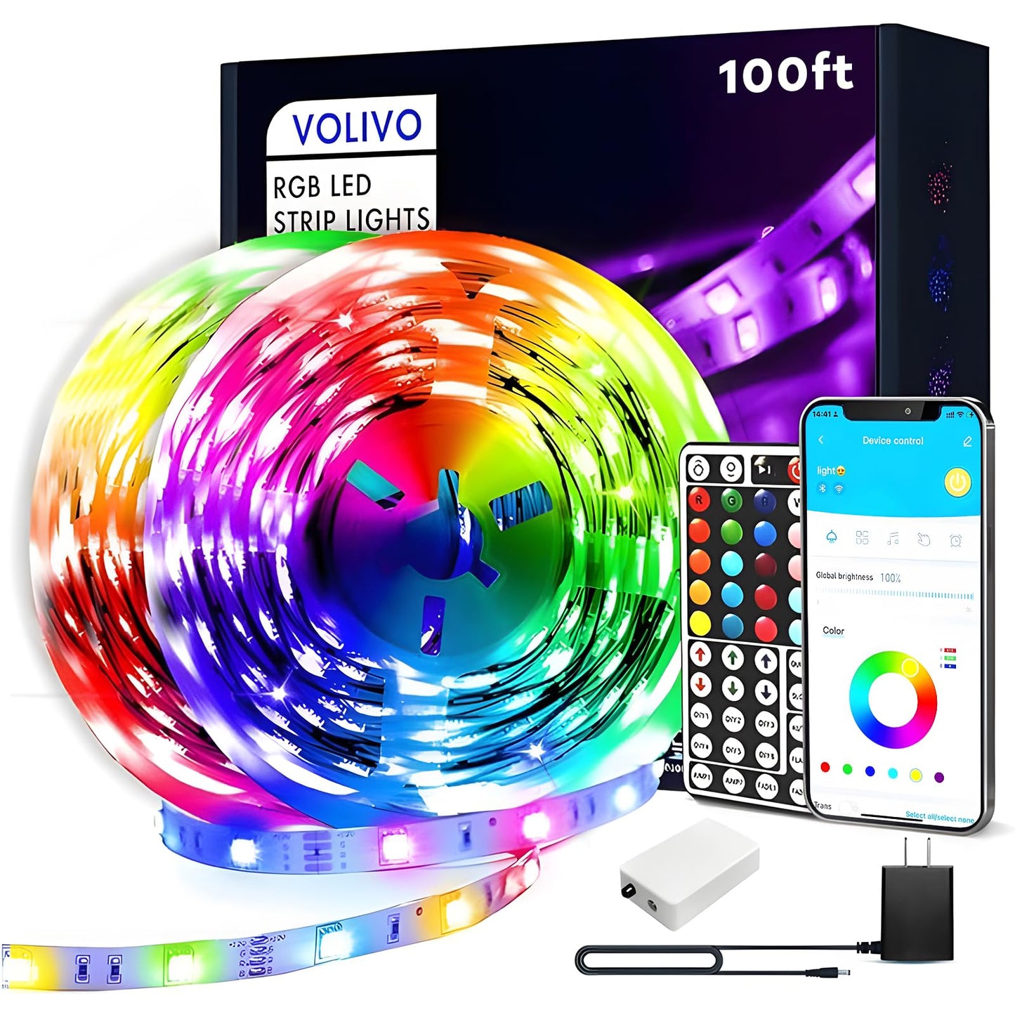 VOLIVO LED Strip Lights, 100ft Color Changing with IR Remote & App Control, RGB Music Sync, Multicolor, Model TCF0221524G-JA02