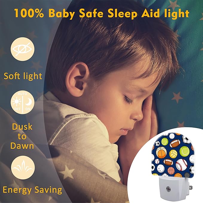 Retro Sports Balls Night Light, Colorful Balls Dusk to Dawn Night Light Plug in,0.5w Energy Saving Sleep Friendly NightLight for Kids Boys Girls Home Bedroom Living Room Kitchen Decor