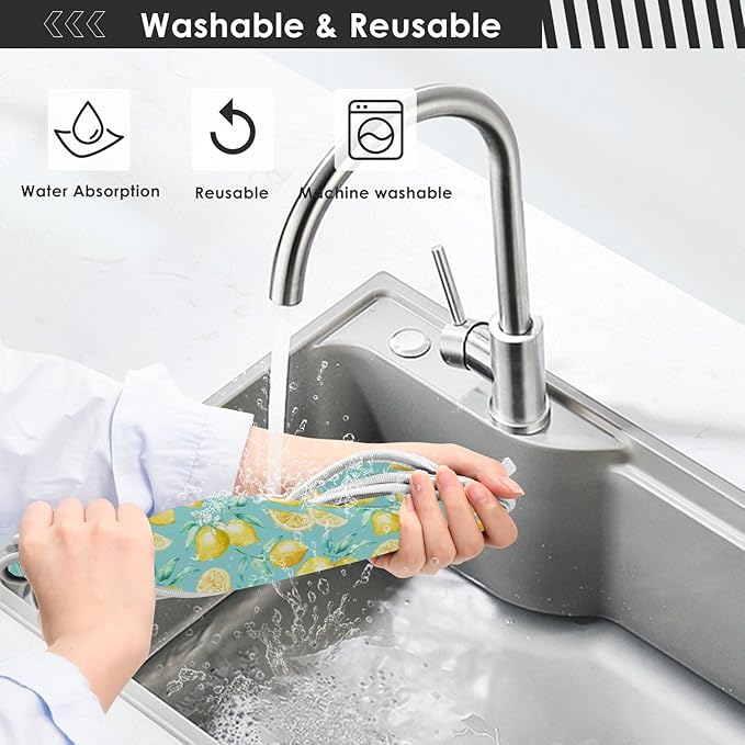 Lemon Turquoise Faucet Water Catcher Mat 2 Pack Flowers Leaves Summer Drying Mat Absorbent Bathroom Faucet Handle Drip Catcher Tray Bar RV Kitchen Sink Splash Guard 23x5 Inches