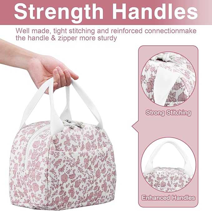 Lunch Bag - Insulated Lunch Box for Women, Reusable Large Capacity Cooler Bag for Adult, Small Leakproof Cute Corduroy Lunch Tote for Work Office Travel Picnic (Corduroy Pink-Flower)