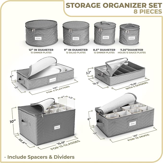 Sorbus China Storage Containers (Quilted) - Glass & Dish Storage Containers for Transport, Moving, Party - 8 Pc Stackable Plate Storage Set for Dinnerware, Mugs, Cups - Felt Plate Protectors Included