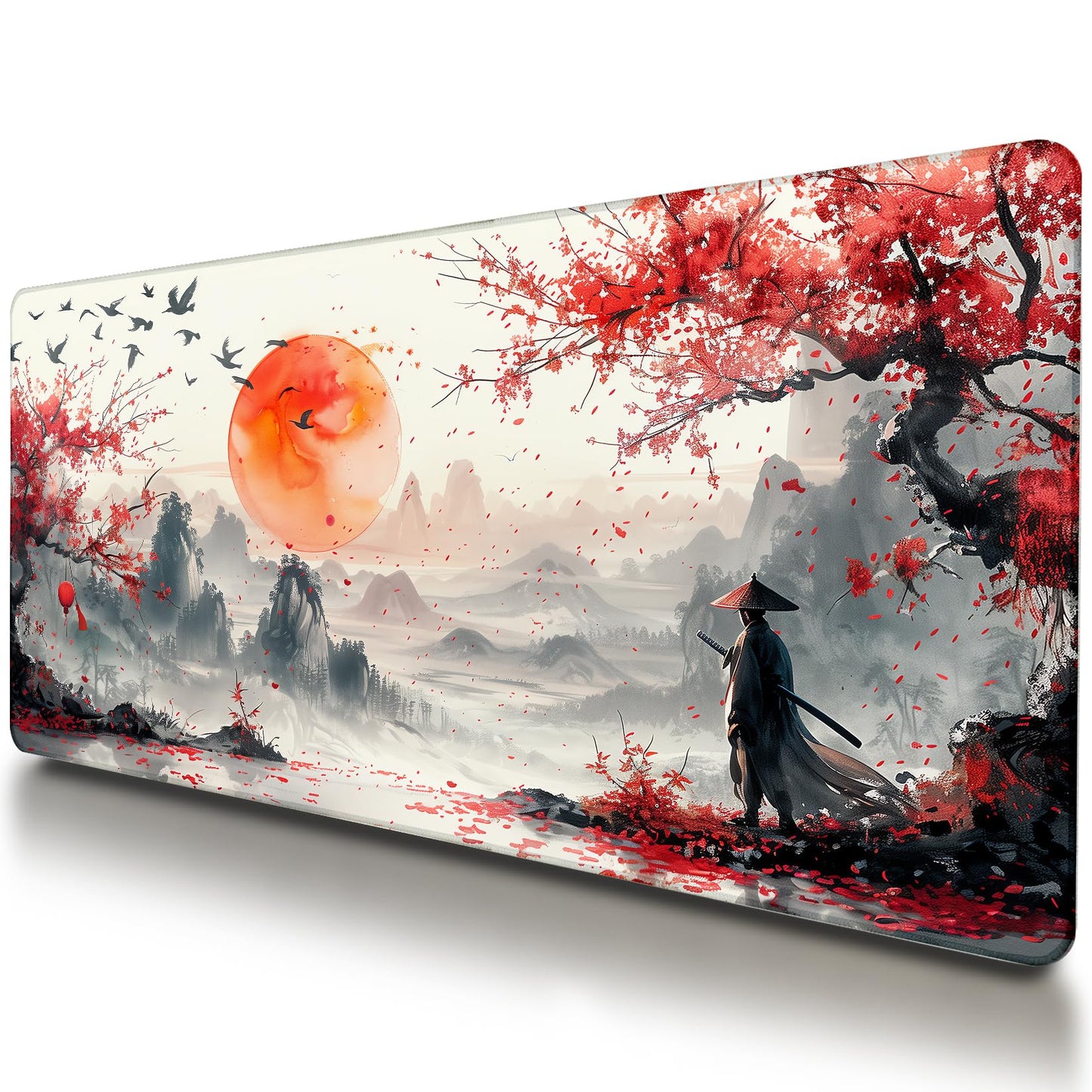 VNDL Large Japanese Gaming Mouse Pad, White and Red, Premium Non-Slip Anime Desk Pad for Office, Extended XL XXL Mouse Mat and Laptop Pad, Waterproof and Stiched Edges 31.5 x 15.7 in (sam1)