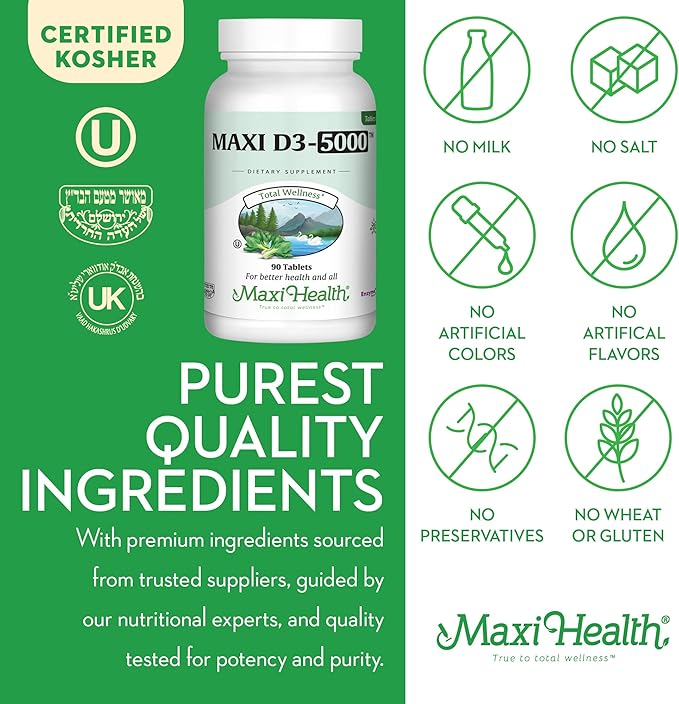 Maxi Health Vitamin D3 5000 IU (125 mcg) - High Dose Vitamin D 5000 IU - Healthy Bones, Teeth, Immune Support - Kosher Pure High Potency Vit D3 (90 Tablets)