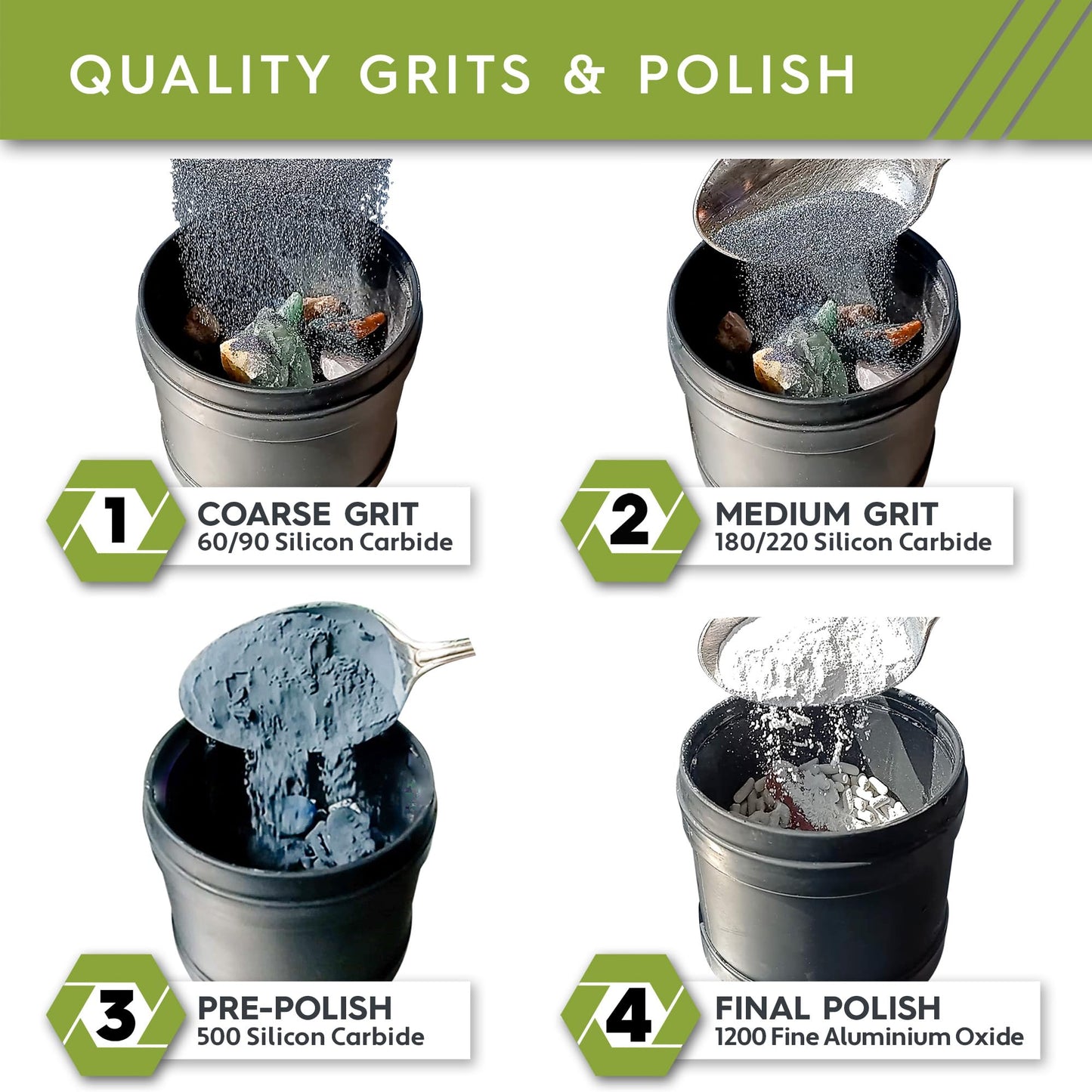 Polly Plastics Rock Tumbler Grit and Polish Refill & Ceramic Tumbling Filler Media - Silicone Carbide Polisher Grit - Rock Polish Supplies & Accessories