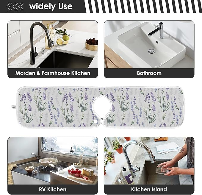 Kitchen Faucet Absorbent Mat,Lavender Flower Water Splash Guard for Sink, Faucet Drip Catcher Thicken Sponge Microfiber Faucet Water Catcher Mat Sink Absorbent Mat for Kitchen 14x5in 2 Pack