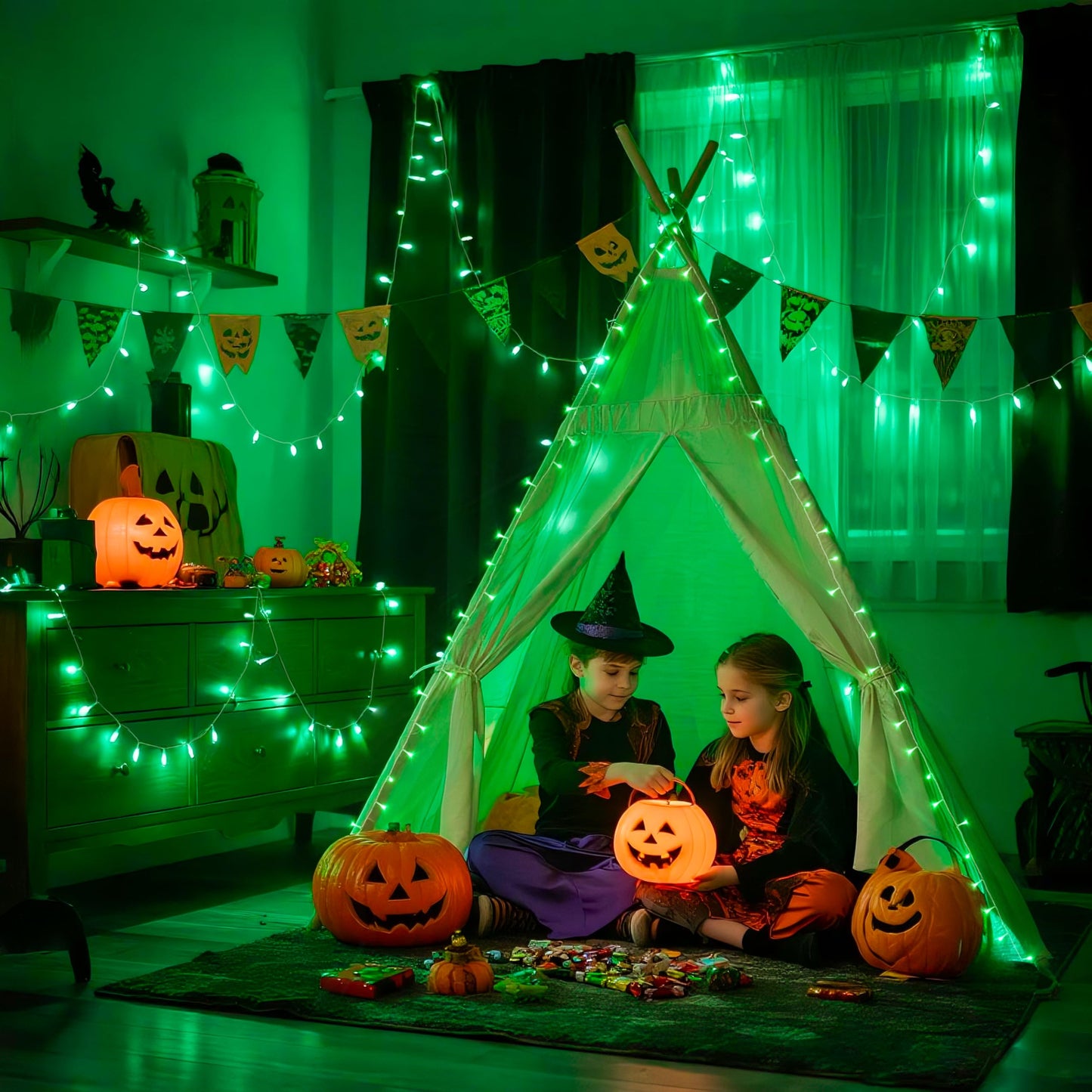 JMEXSUSS 600 Green LED String Lights, Waterproof, 8 Modes, Clear Wire, Model EXS-S-0600, for Outdoor Halloween & St. Patricks Day Decor