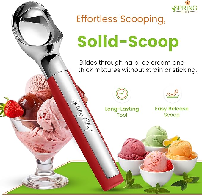 Spring Chef Heavy Duty Metal Ice Cream Scoop - Dishwasher Safe Ice Cream Scooper, Commercial Icecream Scoop Spade, Professional Kitchen Tool for Gelato, Melon, Sundae, Cookie Spoon - Red