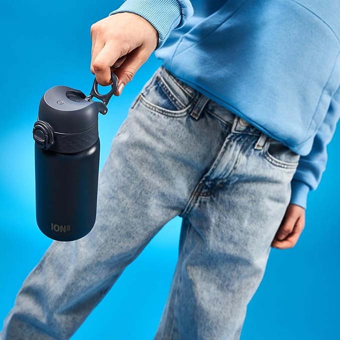 Ion8 Kids Water Bottle, Steel 400 ml/13 oz, Leak Proof, Easy to Open, Secure Lock, Dishwasher Safe, Hygienic Flip Cover, Carry Handle, Easy Clean, Durable, Scratch Resistant, Carbon Neutral, Navy Blue