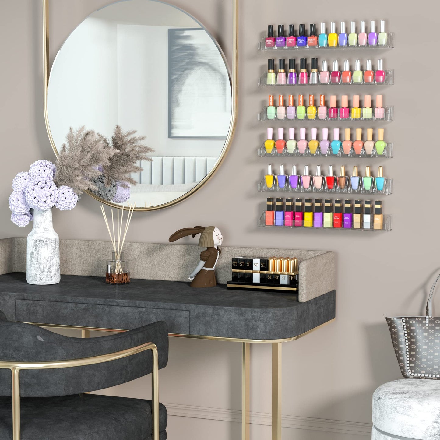 Hexsonhoma 15 Inch Acrylic Nail Polish Rack for Wall Set of 6, Wall Mounted Nail Polish Display Rack with End Caps, Nail Oranize
