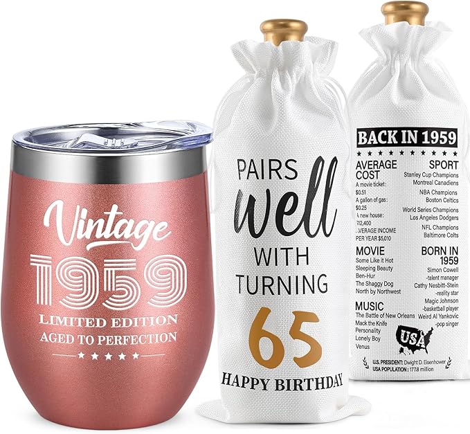 Lifecapido 65th Birthday Gifts for Women, Vintage 1959 Limited Edition Insulated Wine Tumbler with Wine Bag, 65 Year Old Birthday Gifts for Friends Mom Aunt Grandma Wine Lover Woman, 12 oz