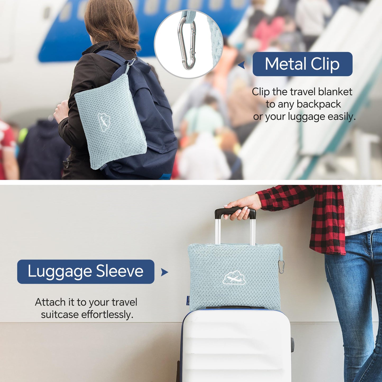 BEDELITE Travel Blanket with Bag, Ultra-Soft Jacquard Fleece Blanket with Luggage Sleeve & Backpack Clip, Airplane Blanket Travel Essentials, Blue