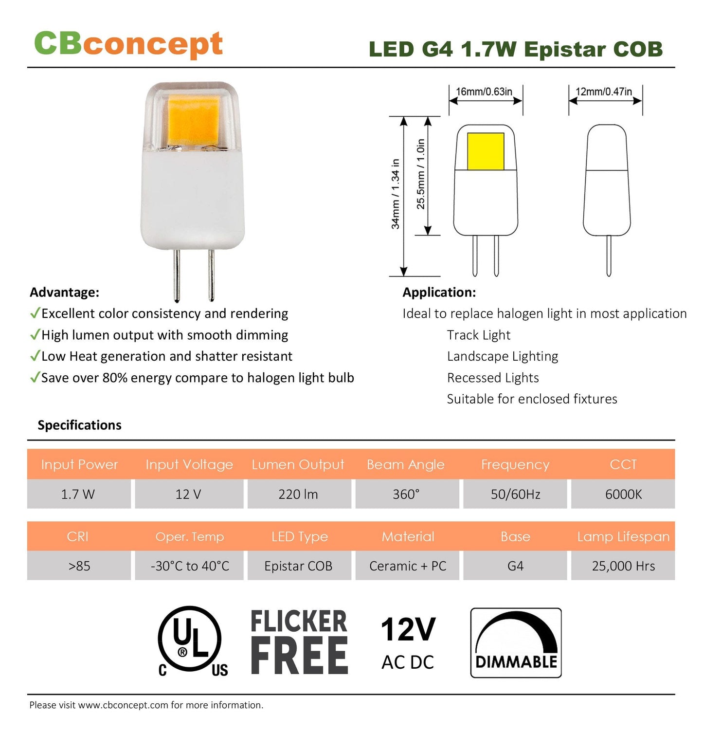 Cbconcept G4 Led Light Bulb, 10 Pack, Dimmable, 1.7W, 220 Lumen, Pure White 6000K, 12V Halogen Replacement