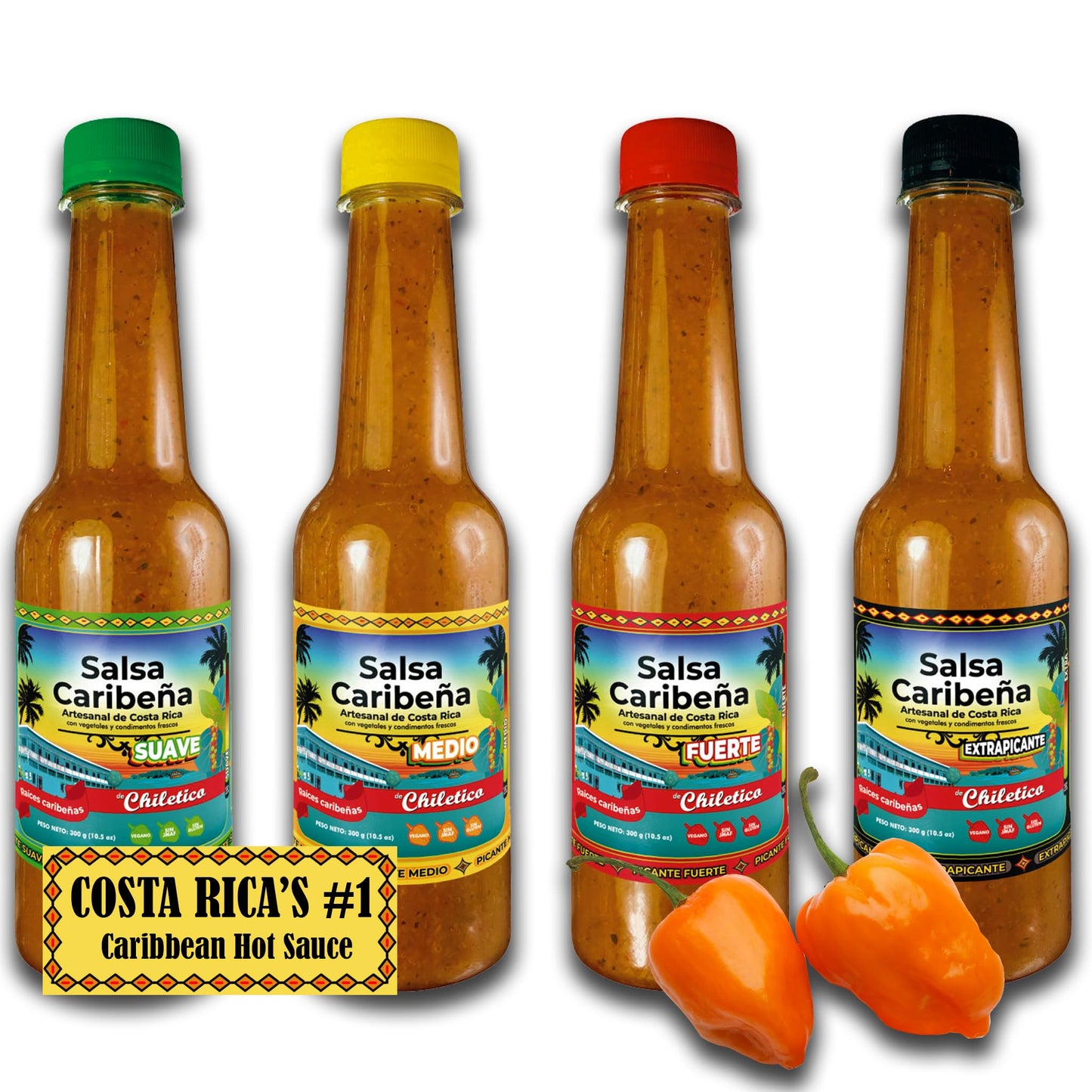 Chiletico Caribbean Hot Sauce Gift Set - Artisan Costa Rican handcrafted -Puerto Lim  n Inspired - Natural Ingredients - 4-Pack