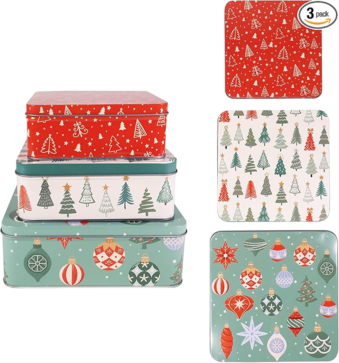 Steel Mill & Co Tin Containers with Lids, 3 Pack Christmas Cookie Tins, Festive Cookie Tins for Gift Giving & Holiday Treats, Square Metal Nesting Containers, Ornaments and Trees
