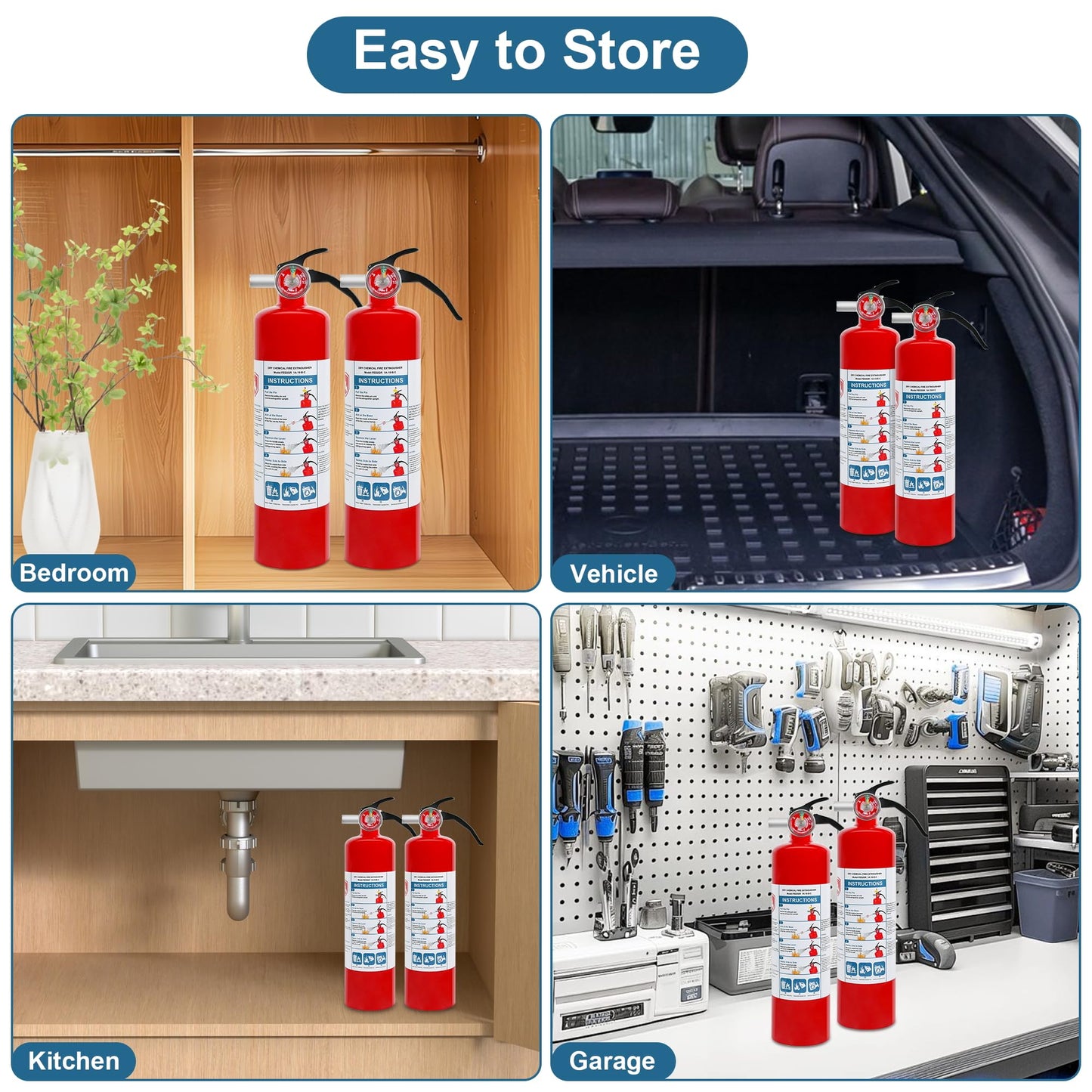 4 Pack ABC Dry Chemical Fire Extinguishers, 2.5 lb 1A:10B:C Rating for Home, Car, Boat, Quick Release Handle, Compact & Portable Dry Powder Extinguisher