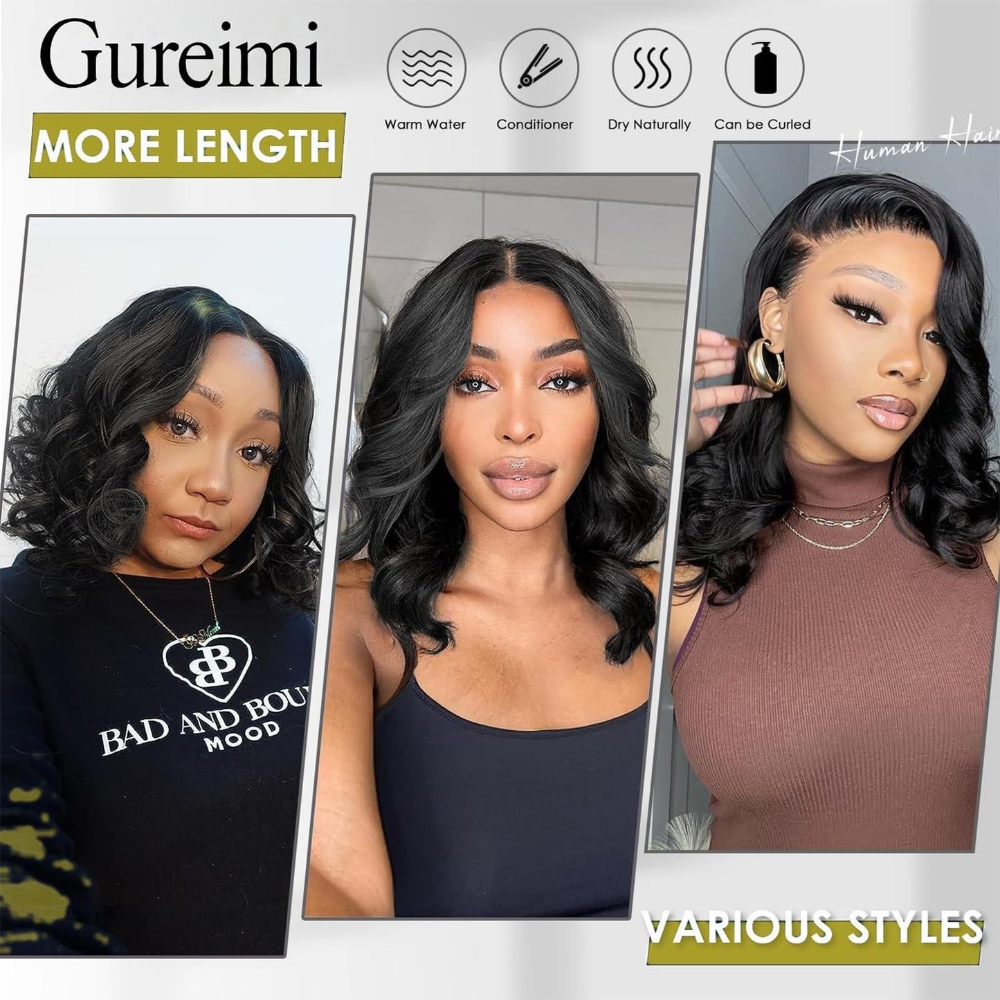 Gureimi 16 Inch Bob Wig Human Hair Short Body Wave Lace Front Wigs Human Hair 13x6 HD Lace Front Wigs Human Hair 200 Density Bod