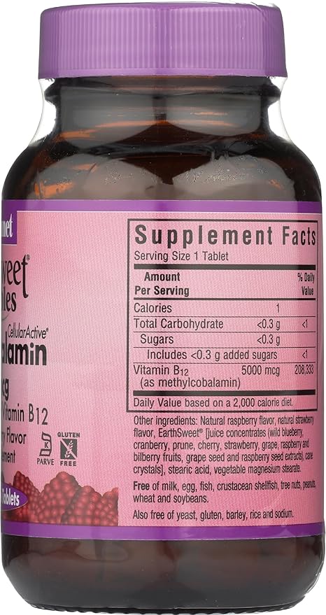 Bluebonnet Nutrition EarthSweet Chewables Cellular Active Methylcobalamin 5000mcg, Soy-Free, Gluten-Free, Non-GMO, Kosher, Dairy-Free, Vegan, 60 Chewable Tablets, 60 Servings, Raspberry Flavor