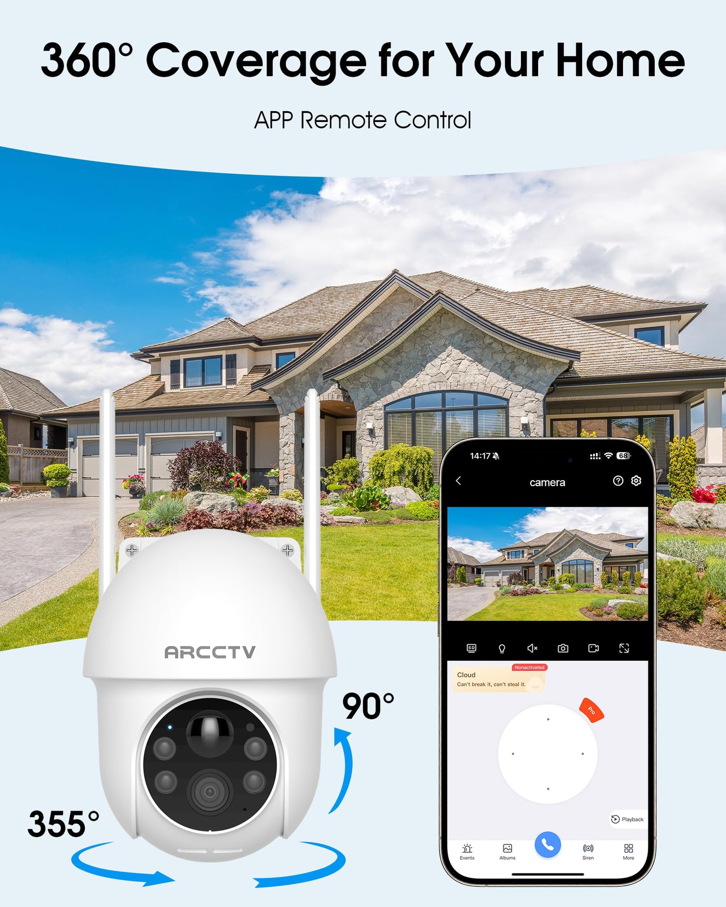 ARCCTV Solar Security Cameras Wireless Outdoor, 4MP 360° View Battery Powered Outdoor Camera, Night Vision with Spotlight, 2-Way Audio, PIR Motion Sensor, 2.4G/5G Dual Band WiFi (2 Pack)