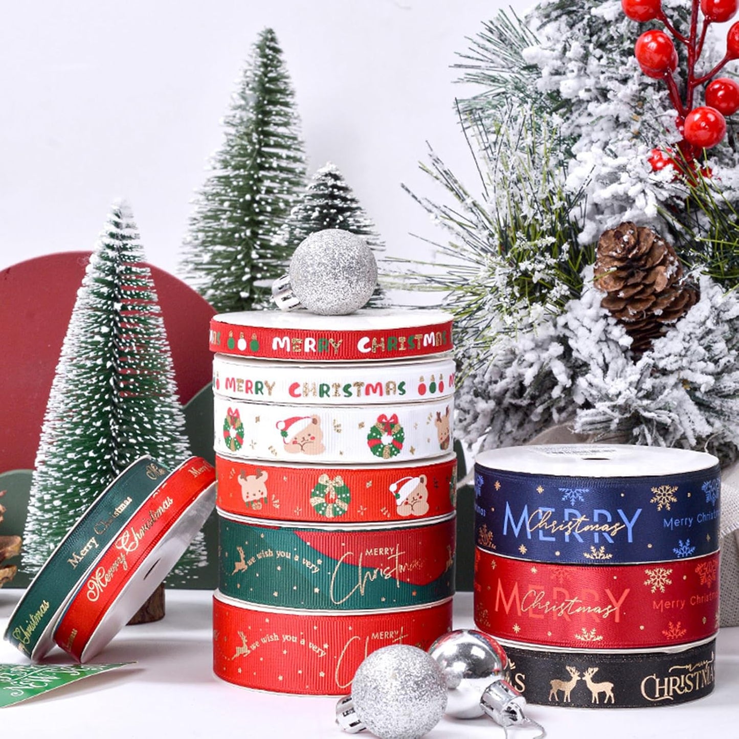 Christmas Gift Wrapping Ribbon, Red, Green, 2 Rolls Printed Grosgrain Ribbons for Crafts, Floral Bouquets, Sewing, Party and Festive Holiday Decor (2 Rolls(Green/Red), 1 Rolls=3/8in * 10Yards)
