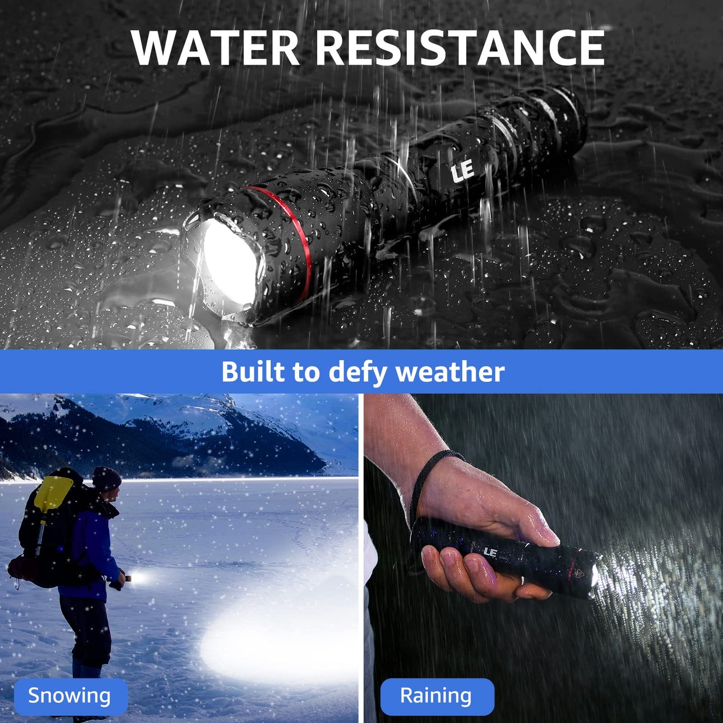 LE Rechargeable Flashlight S1000, 3000 Lumens, Waterproof, 5 Lighting Modes, Black, Aluminum, Compact for Camping and Emergencies