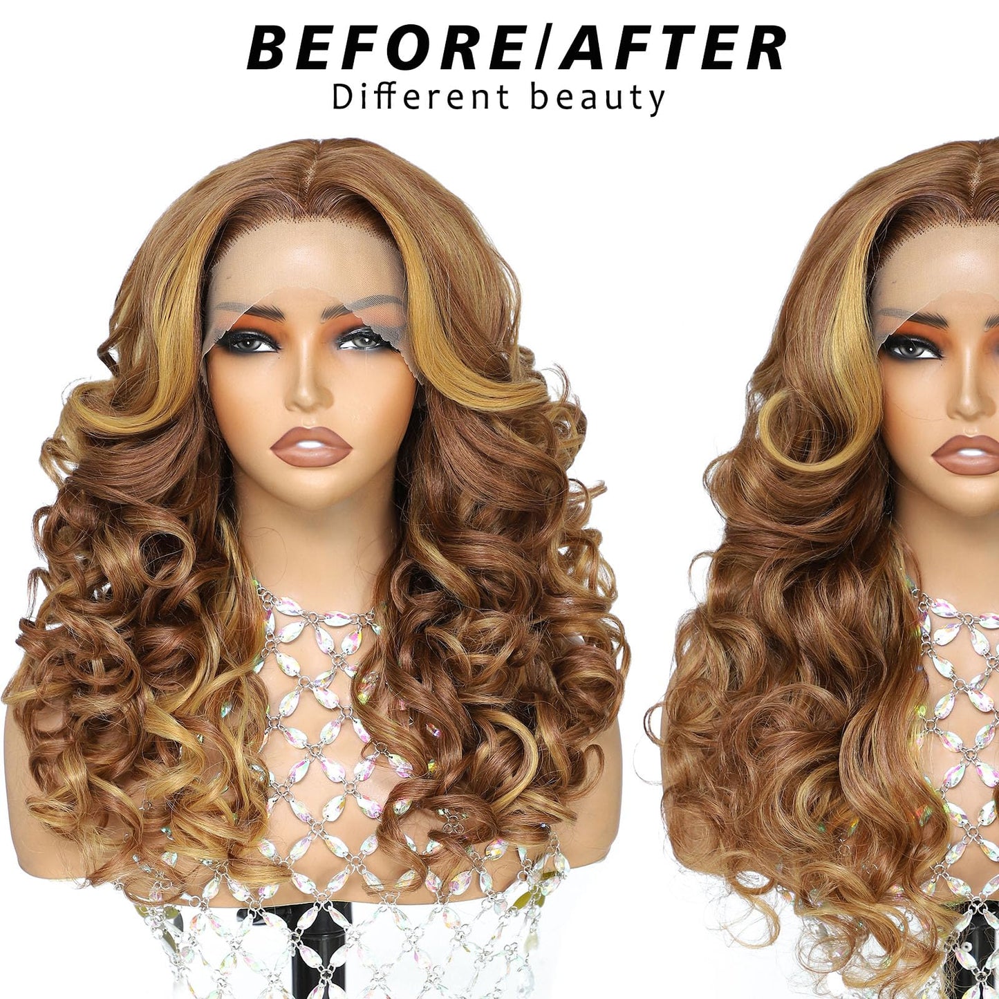 X-TRESS Big Elastic Curly Wave honey blonde Middle Part Lace Synthetic Wig, 22 Inches Yaki, Pre-plucked Glueless Deep Roll Shape