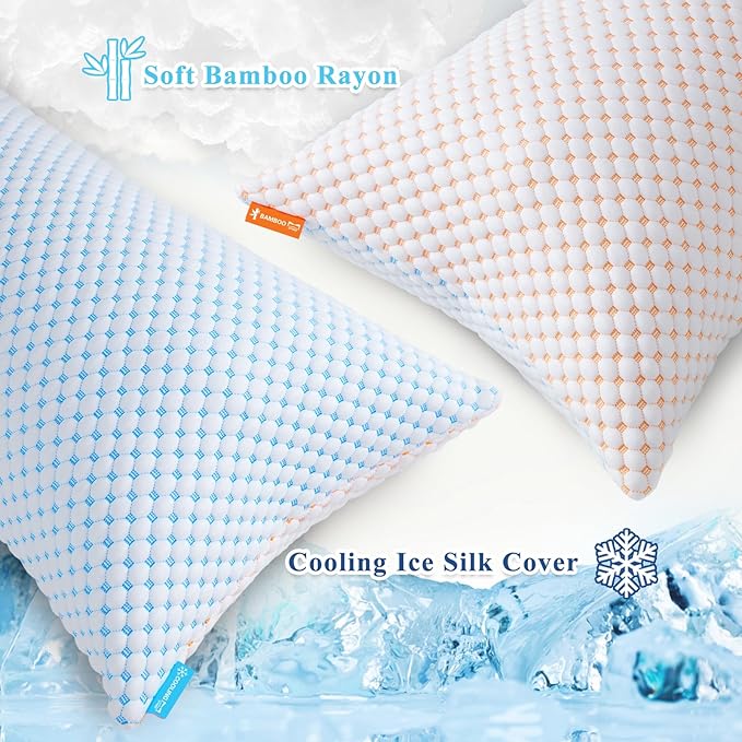 Cooling Pillows Standard Size Set of 2, Shredded Memory Foam Pillow Adjustable Bed Pillows Firm Pillow with Removable Washable Cover and Extra Filling Pack