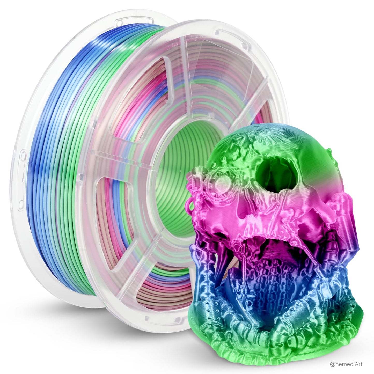 JAYO Silk Rainbow PLA+ Filament 1.75mm 1.1kg, Multicolor Gradient Shiny PLA, Color Changes Every 8 Meters in Cyan-Magenta-Blue,