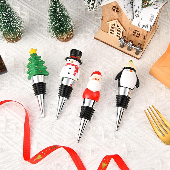 4 Pack Christmas Wine Stoppers Set, Resin Wine Bottle Stoppers for Winter Decor Holiday Wedding Christmas Party Supplies, Wine Accessories Gift for Hostess - Wine Bottle Corkers
