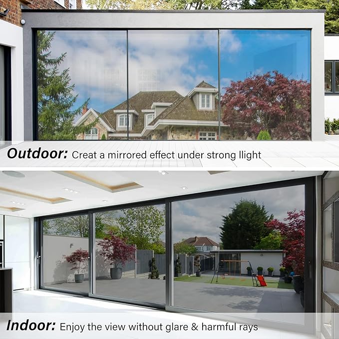 Kromapolis One Way Window Privacy Film Reflective Mirror Home Window Tint, Daytime Privacy Heat Control Anti UV Glass Tinting Static Cling (Silver, 29.5 x 118.1 inch)