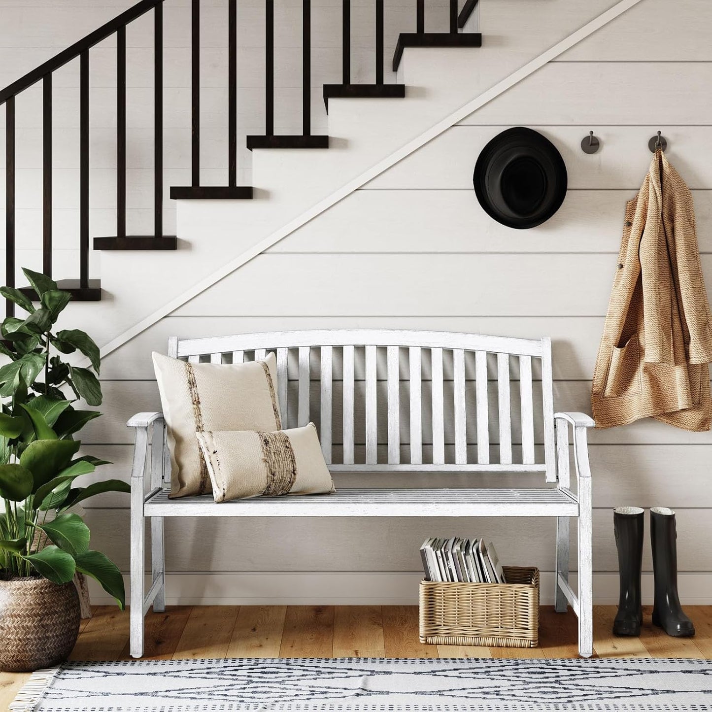 Grand patio 52" Farmhouse Outdoor Bench, Garden Benches with Rust Free Metal Powder Coated Frame and Aluminum Backrest, Faux Wood Grain Finish Frame Patio Bench for Front Porch,Gray-White