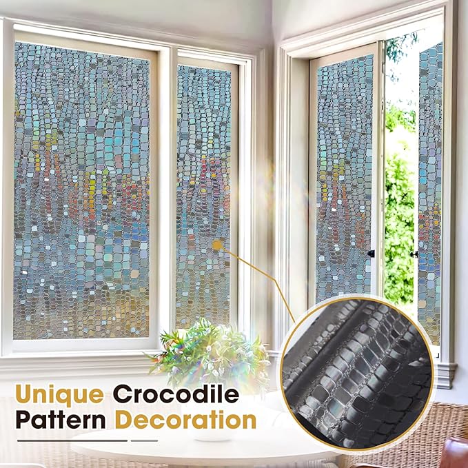 Windimiley Rainbow Window Privacy Film, 3D Stained Glass Christmas Decorative Window Clings, UV Heat Blocking Holographic Prism Stickers for Home (17.5 x 78.7In,Brown)