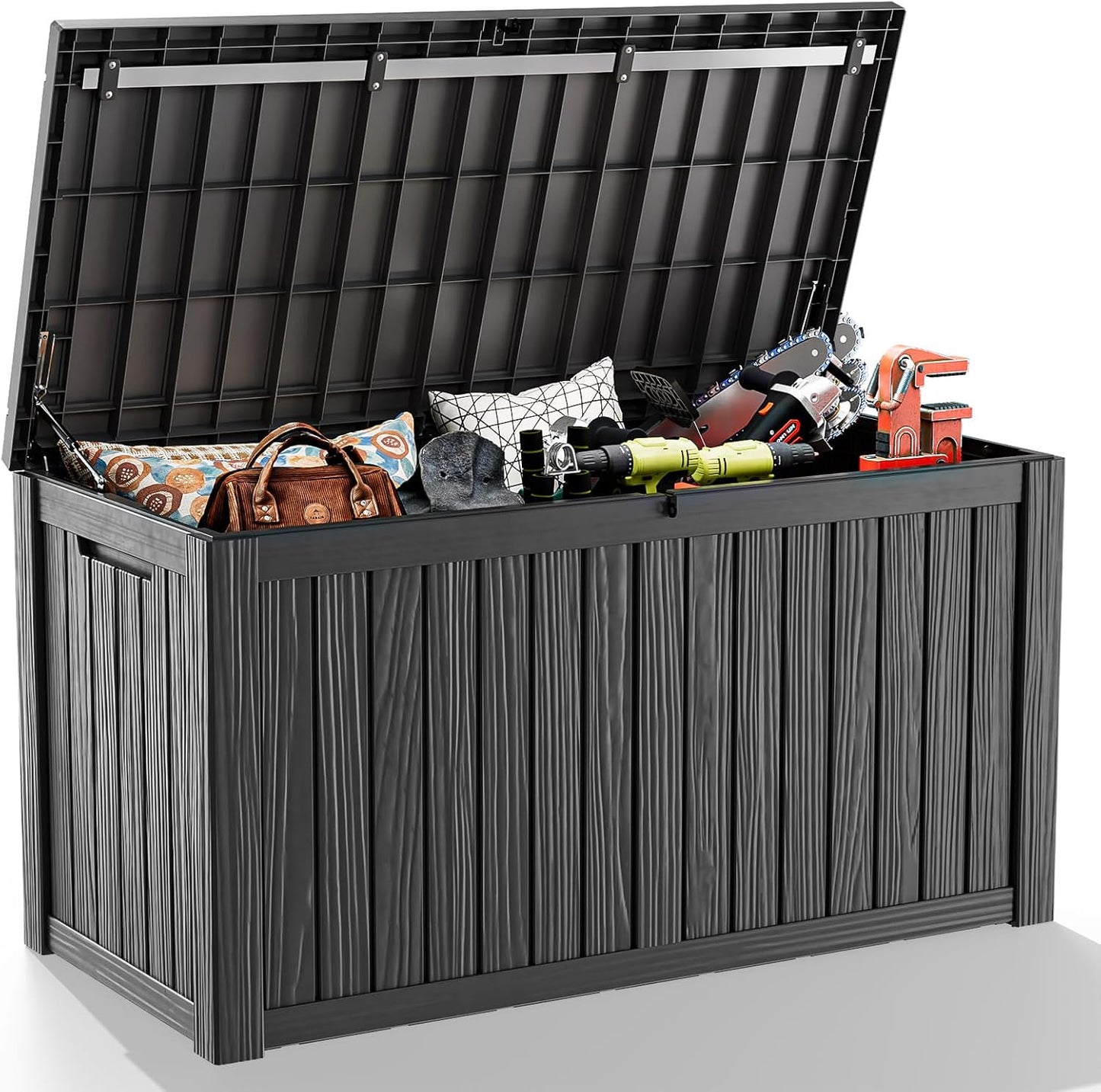 150 Gallon Resin Outdoor Deck Box Waterproof Patio Furniture, Garden Tools, Cushions, Pool Accessories Outside Storage (Black, 150 Gallon)