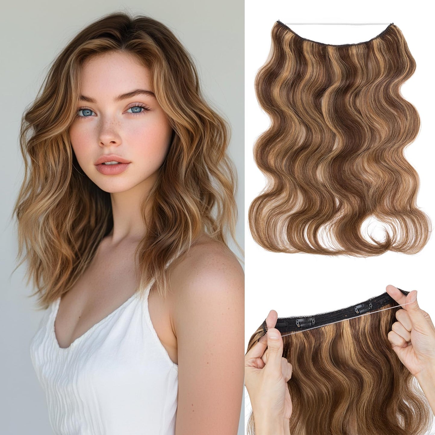S-noilite Halo Hair Extensions Real Human Hair 12inch Short Wavy Halo Hair Extensions for Women Adjustable WireHair Extensions M