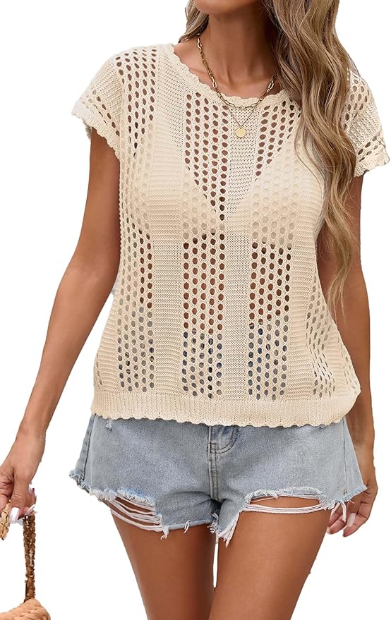 BreathSunny Womens Crochet Knit Swimsuit Coverup Beach Vest Summer 2025 Crew Neck Hollow Out Bathing Suit Cover Up Tank Top