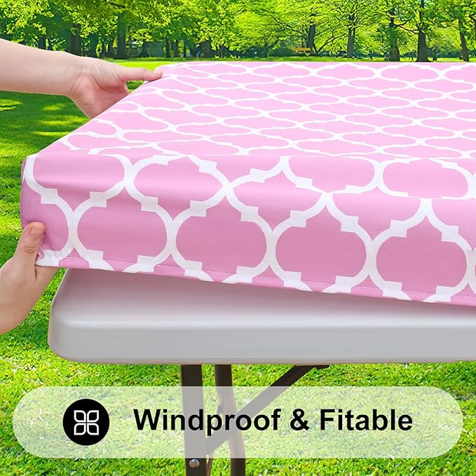 Smiry Rectangle Picnic Table Cover, Waterproof Elastic Fitted Camping Tablecloths for 5 Foot Tables, Wipeable Flannel Backed Vinyl Tablecloth Protector for Indoor, Outdoor (Pink, 30x60 Inches)