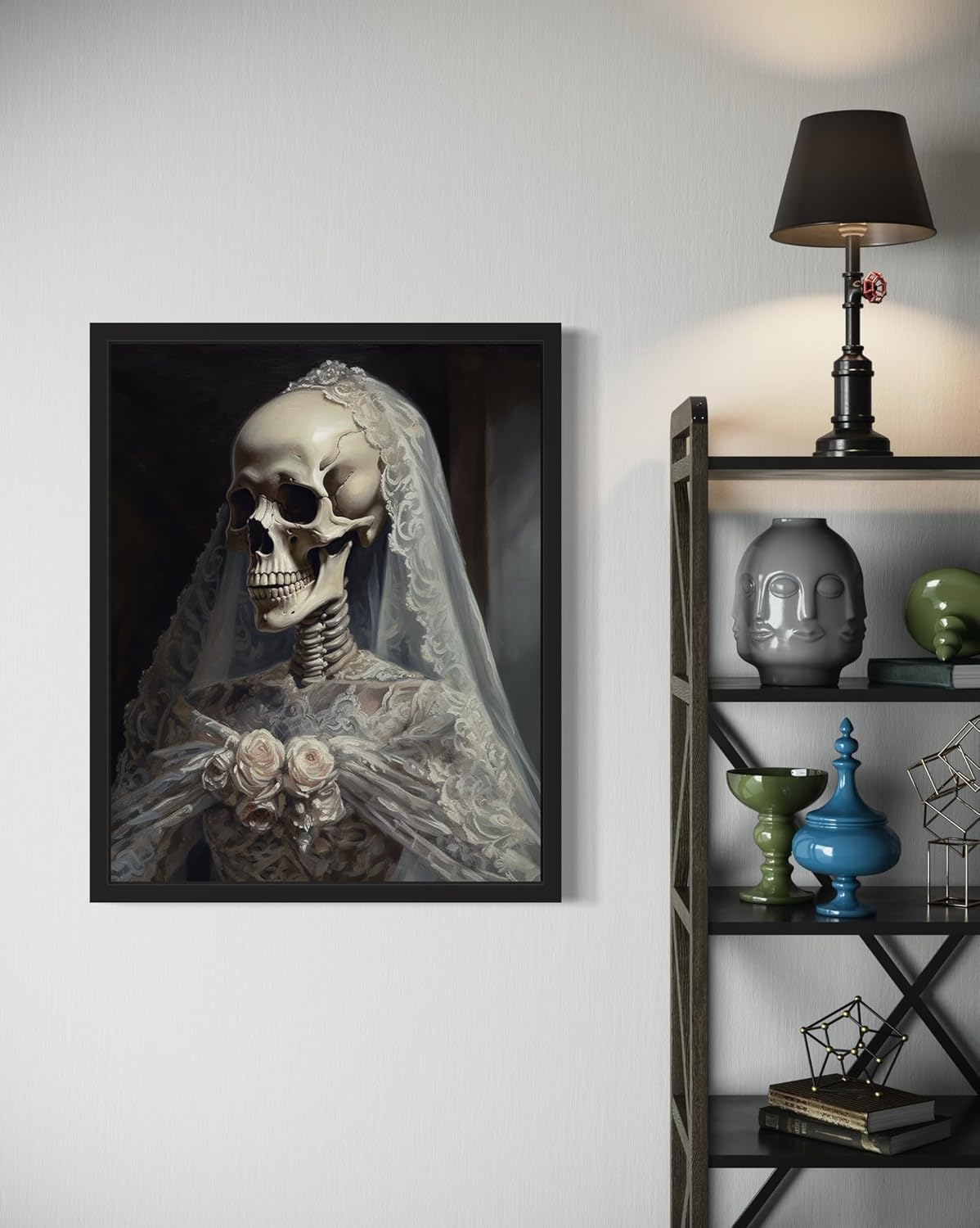 Skull Gown Poster Art Print, Halloween Scary Vintage Wall Art Academia Spooky Painting Decoration for Horror Prints, Gothic Posters Bedroom Decor 89 (Skull Gown, 16 x 20 inches, Black Frame)