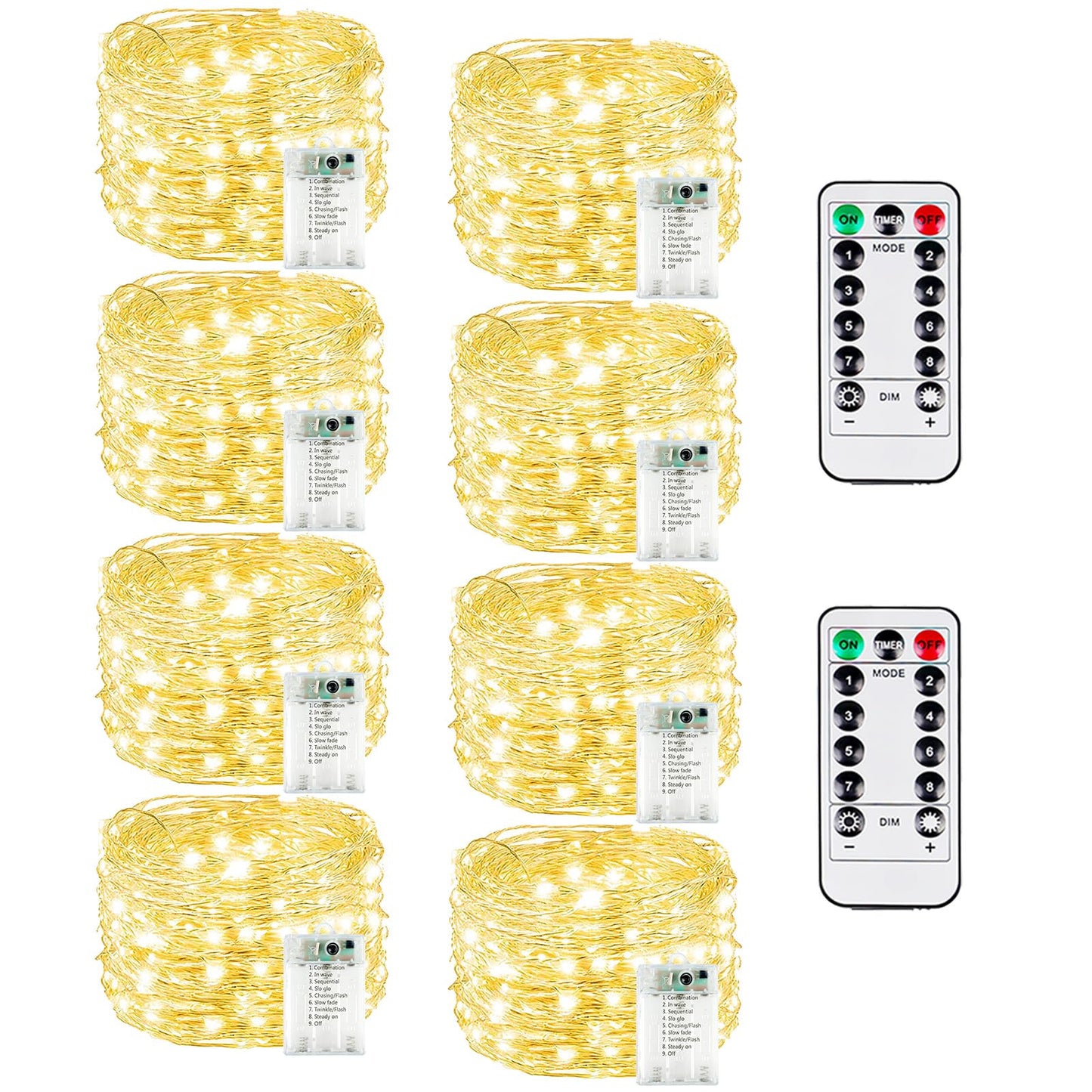 BOSSERN 8 Pack 20FT 60LED Fairy Lights, Battery Operated, Waterproof, with Remote, Warm White, DCHD-06-60LED-RM-WarmWhite