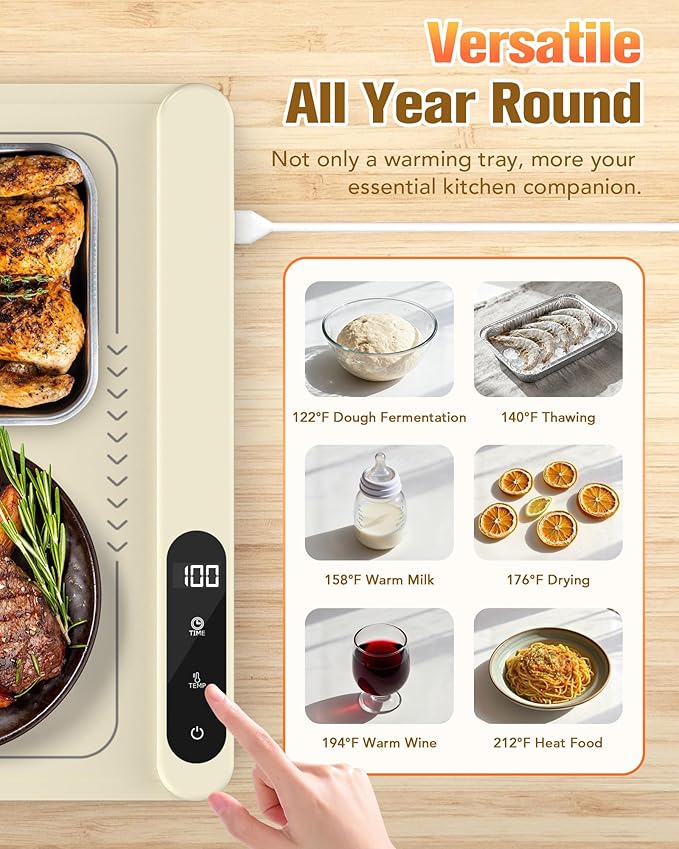 Potahouse® Warming Mat for Food, Graphene Full-Surface Fast Heating, Electric Warming Tray with 6 Temp & Timer Settings, Rollable & Portable Silicone Food Warmer for Parties, Home and Travel, Apricot