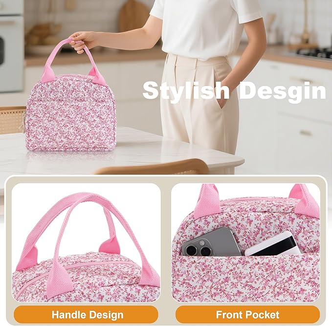 Lunch Bag for Women Insulated Lunch Box Reusable Cooler Bag Portable Cute Floral Quilted Cotton Bag Leakproof Tote Bags for Travel, Work, and Picnic, Blush Bloom