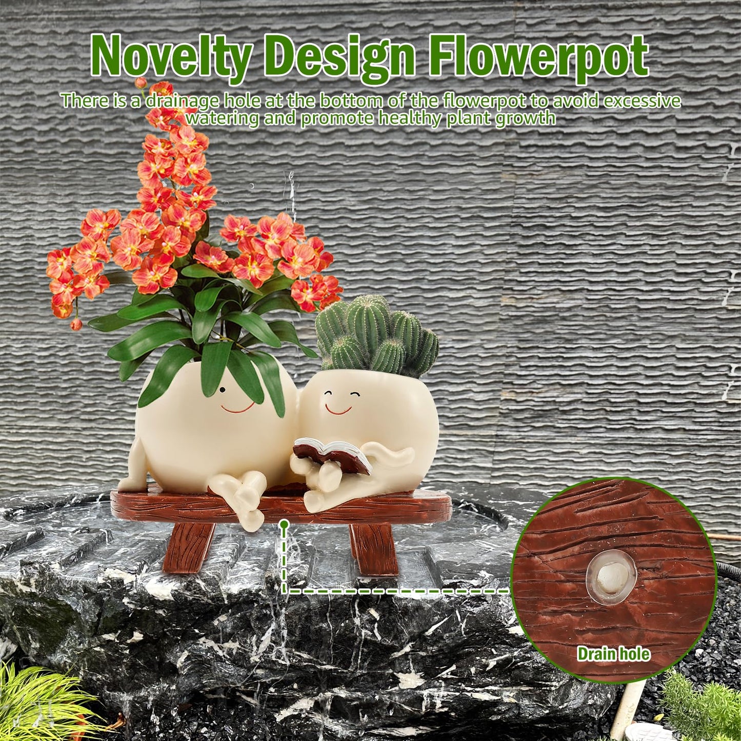 Smily Face Plant Pot, Cute Resin Double Head Planter with Drainage Hole, Novelty Design Chair Succuent Flower Pot, Modern Lady Head Vase Girl Face Planter, Desk Decor Planter for Home or Garden Décor
