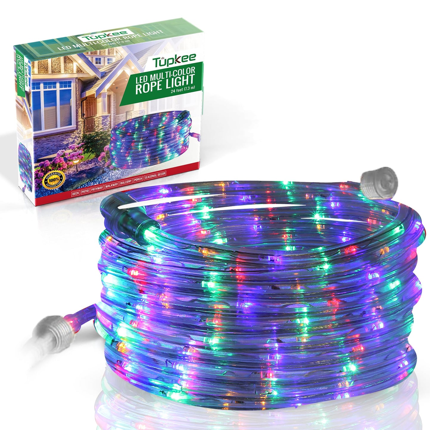 Tupkee LED Rope Light Multi-Color 24 Feet 144 Long Life Bulbs PVC Tube Copper Wire
