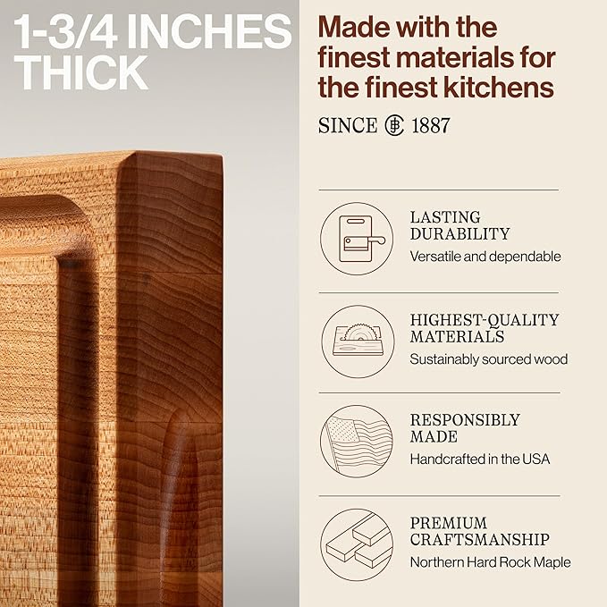 John Boos CB Series Square Wooden Maple Cutting Board 12”x12” – 1.75” Thick, 7-lb Reversible Butcher Block with Juice Groove, Edge-Grain & Finger Grips – Made in the USA