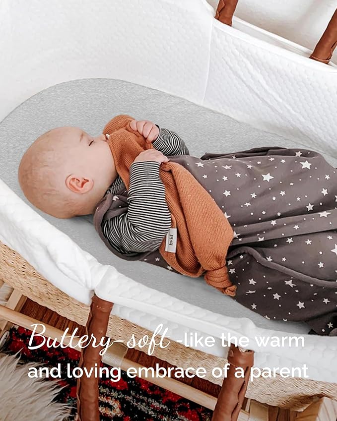 Bassinet Fitted Sheets Compatible with Mika Micky Bedside Sleeper Bassinet Mattress Pad - Buttery Soft, Silky Comfort, Premium Stretchy Jersey Knit Sheets - Navy + Grey + Cloud, 3 Pack