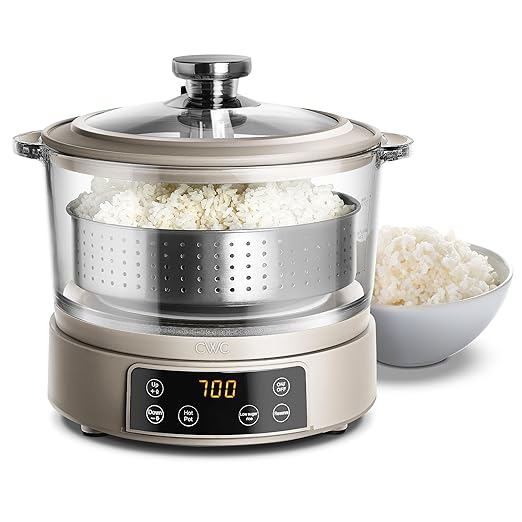 COOK WITH COLOR 3L Glass Mini Low Carb Rice Cooker – Holds 2 Cups Raw/Makes 6 Cups Cooked with Auto Lift Filter Basket, Hotpot & Steamer for Rice, Grains, Digital Panel with Keep Warm, Greige