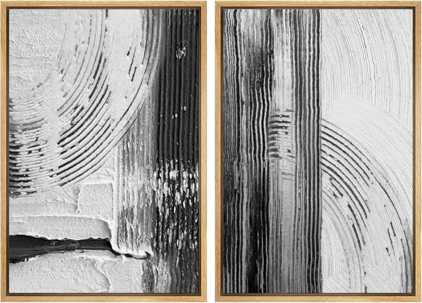 SIGNWIN Framed Canvas Print Wall Art Set Black White Industrial Paint Strokes Abstract Shapes Illustrations Modern Art Minimal Decorative Nordic for Living Room, Bedroom, Office - 24"x36"x2 Natural