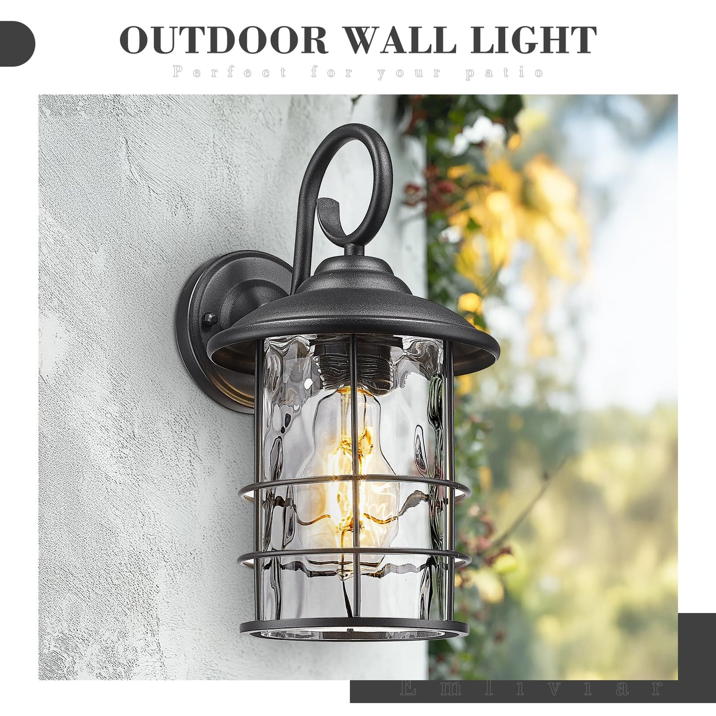 Emliviar Outdoor Wall Sconces, Vintage Black, Water Ripple Glass, E26 Base, 12.5 Inch, 2 Pack, Model 1803CW2-2PK-W